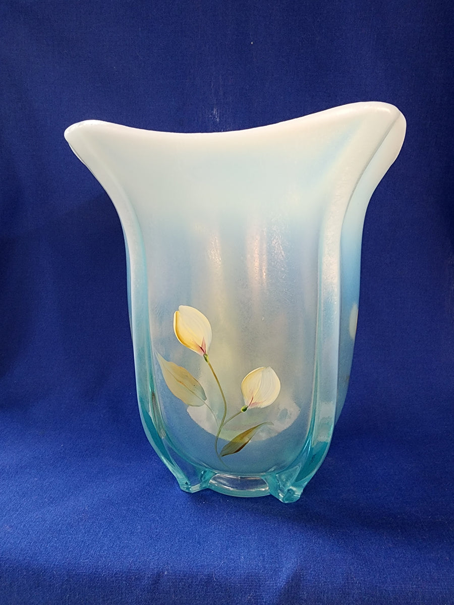 Fenton Art Glass Hand Painted Sand Petals Aquamarine Opalescent Stretch Basket 2024