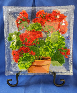 Peggy Karr Glass "Geraniums Plate 10 inch Square"