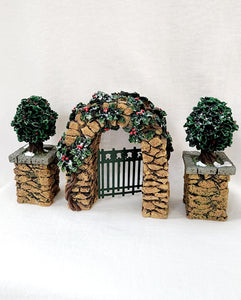 Department 56 General Accessories "Stone Corner Posts with Holly Tree and Stone Archway"