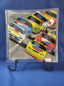 Peggy Karr Glass "Stock Cars Square 10 inch"