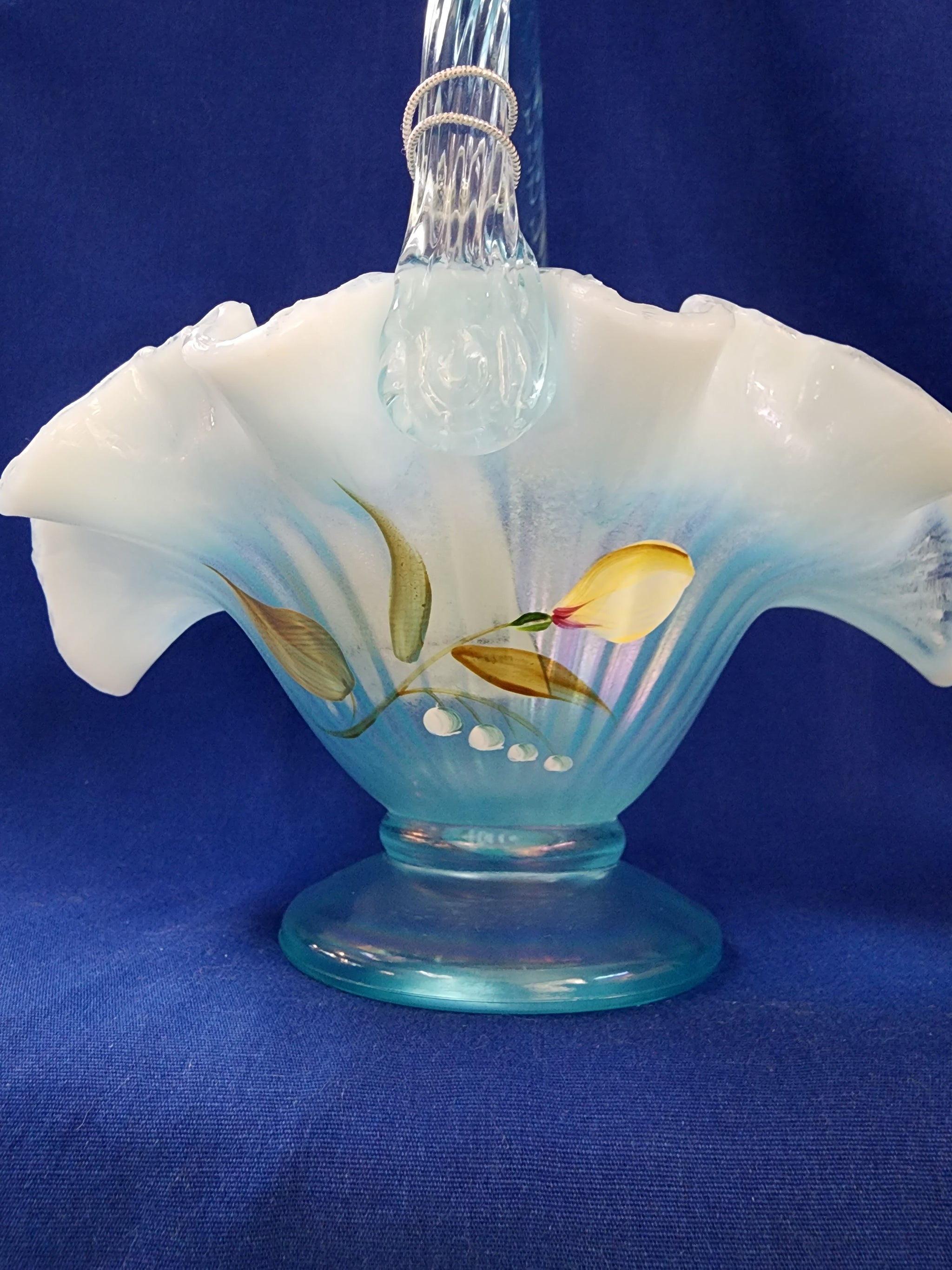 Fenton Art Glass Hand Painted Sand Petals Aquamarine Opalescent Stretch Basket 2024