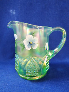 Fenton "Pansy Morning on Green Apple Stretch Button & Arch Pitcher"