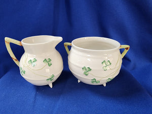 Belleek Shamrock Cream Jug - Handmade Irish Parian China, Basketweave With Hand-Painted Shamrocks
